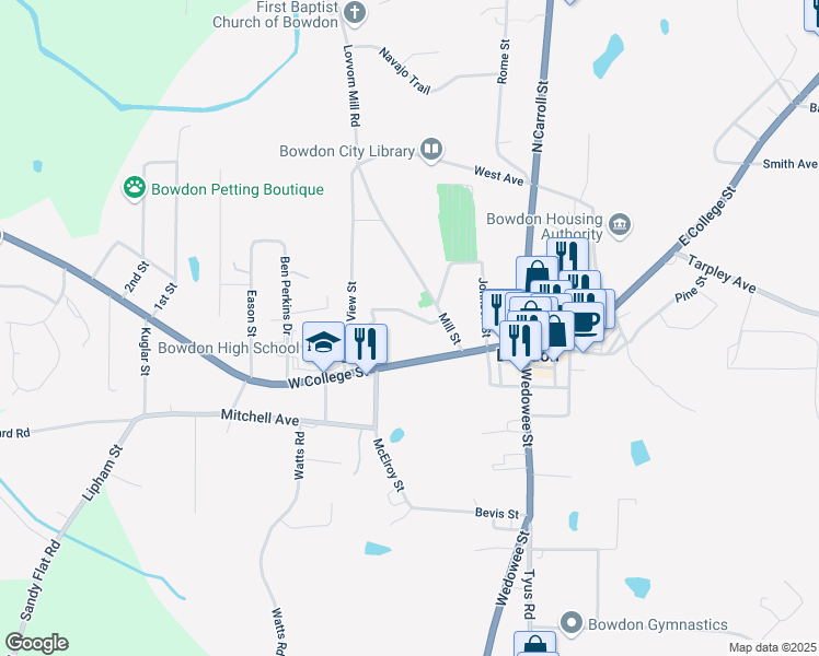map of restaurants, bars, coffee shops, grocery stores, and more near 313 Ellenwood Drive in Bowdon