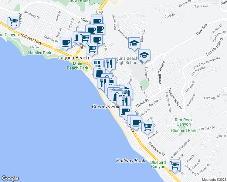map of restaurants, bars, coffee shops, grocery stores, and more near 665 Ramona Avenue in Laguna Beach