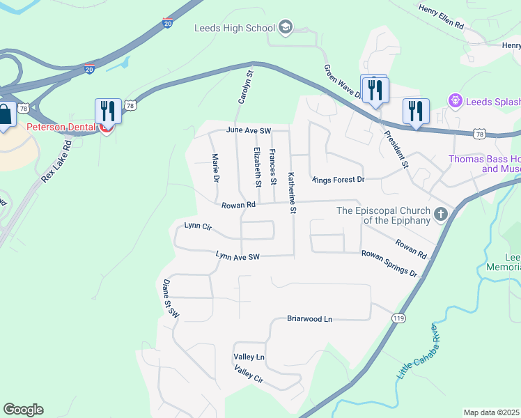 map of restaurants, bars, coffee shops, grocery stores, and more near 6627 Julia Circle in Leeds