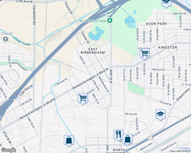 map of restaurants, bars, coffee shops, grocery stores, and more near 39th Alley in Birmingham