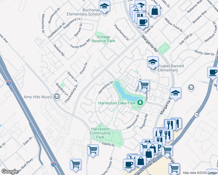 map of restaurants, bars, coffee shops, grocery stores, and more near 39992 Pasadena Drive in Temecula