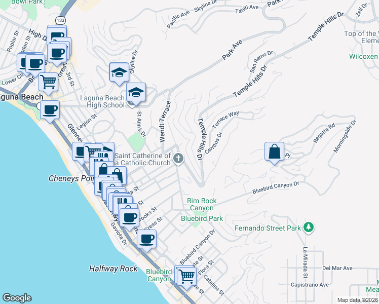 map of restaurants, bars, coffee shops, grocery stores, and more near 999 Coast View Drive in Laguna Beach