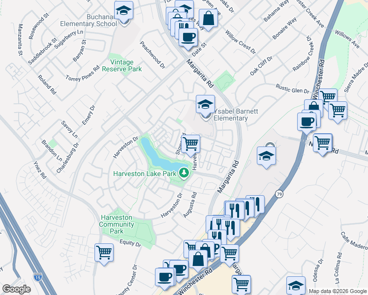 map of restaurants, bars, coffee shops, grocery stores, and more near 40128 Village Road in Temecula