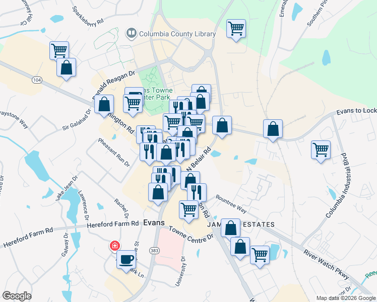 map of restaurants, bars, coffee shops, grocery stores, and more near 601 North Belair Square in Evans