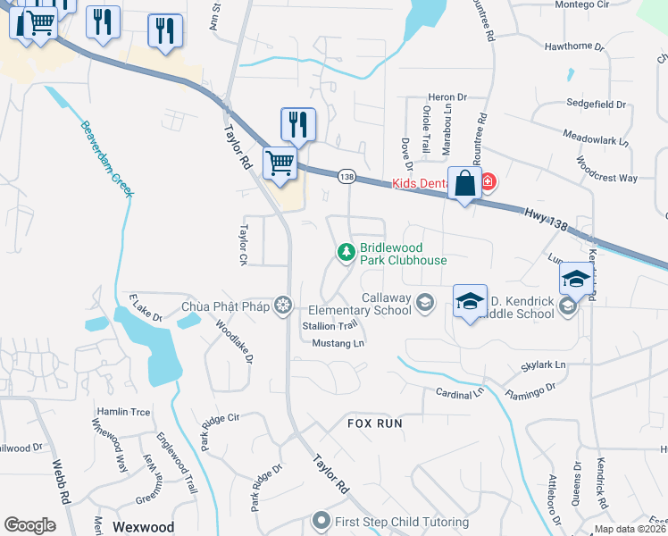 map of restaurants, bars, coffee shops, grocery stores, and more near 7909 Bridlewood Way in Riverdale