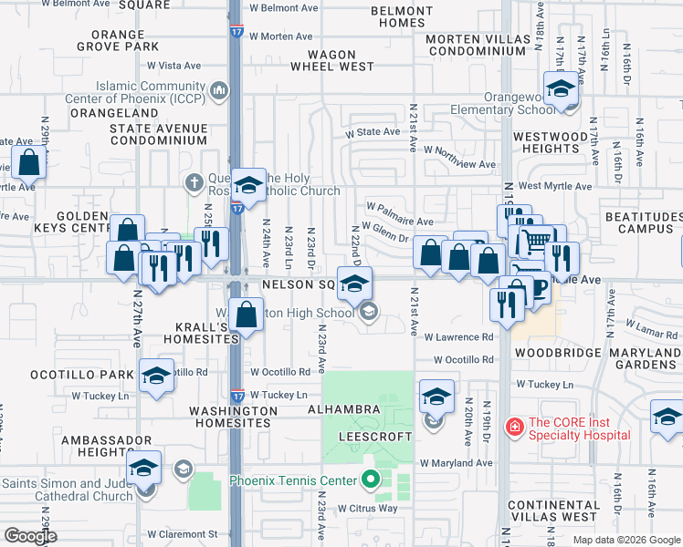 map of restaurants, bars, coffee shops, grocery stores, and more near 2228 West Glendale Avenue in Phoenix