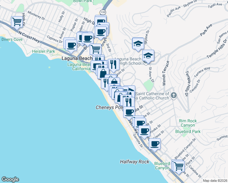 map of restaurants, bars, coffee shops, grocery stores, and more near 653 Ramona Avenue in Laguna Beach