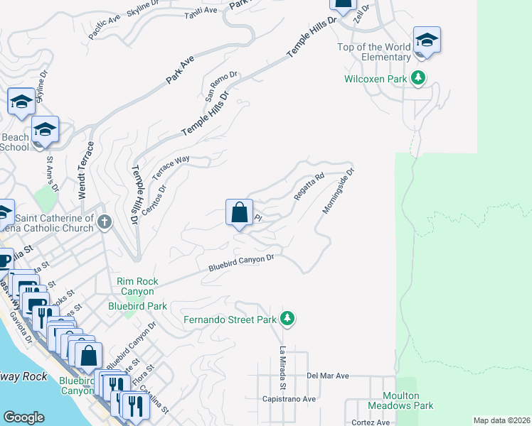 map of restaurants, bars, coffee shops, grocery stores, and more near 1444 Bluebird Canyon Drive in Laguna Beach