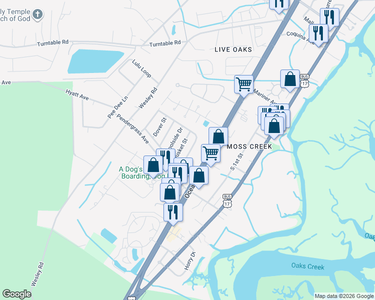 map of restaurants, bars, coffee shops, grocery stores, and more near 143 Crooked Island Circle in Murrells Inlet