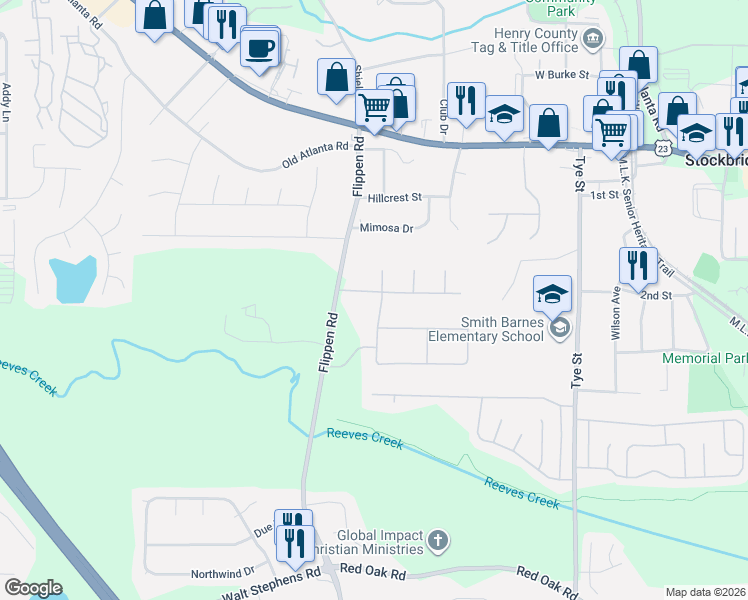 map of restaurants, bars, coffee shops, grocery stores, and more near 402 Fairhaven Court in Stockbridge