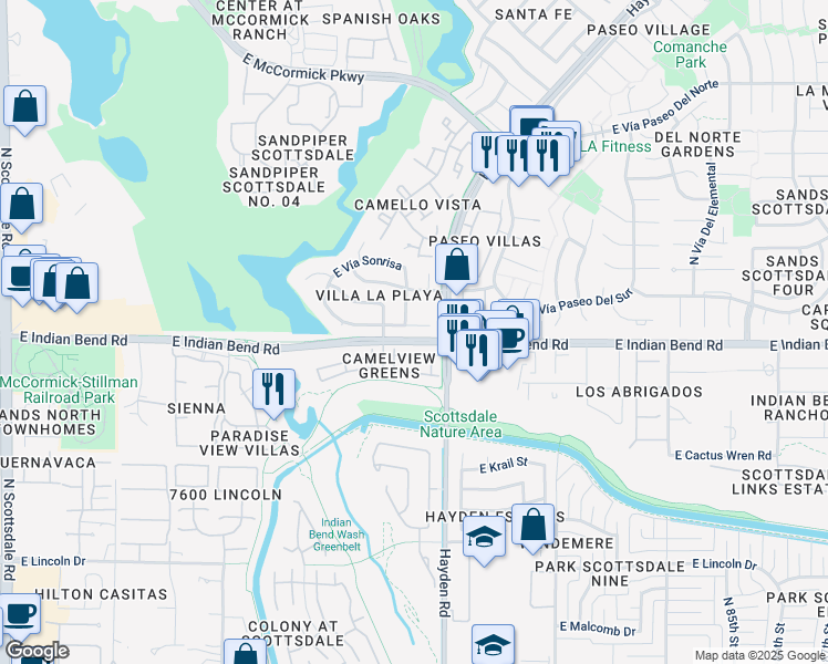 map of restaurants, bars, coffee shops, grocery stores, and more near 7904 East Pepper Tree Lane in Scottsdale