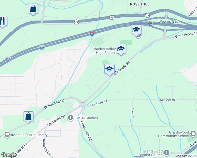 map of restaurants, bars, coffee shops, grocery stores, and more near 5946 Old Leeds Road in Irondale