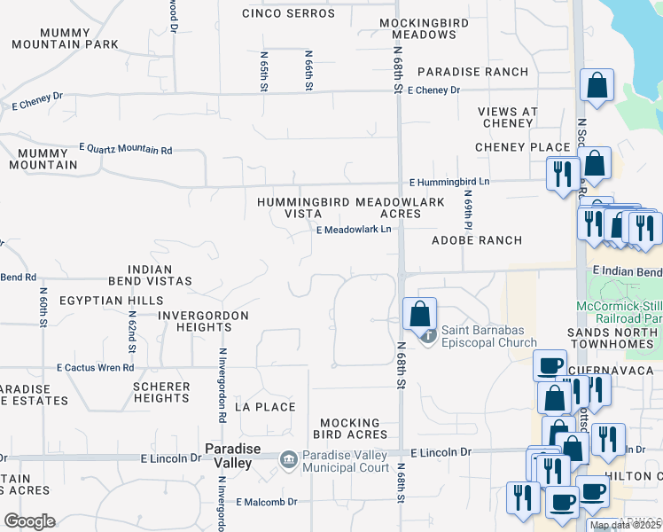 map of restaurants, bars, coffee shops, grocery stores, and more near 6644 East Indian Bend Road in Paradise Valley