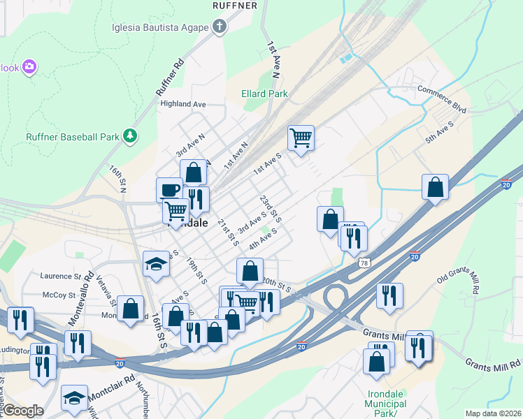 map of restaurants, bars, coffee shops, grocery stores, and more near 2208 3rd Avenue South in Irondale