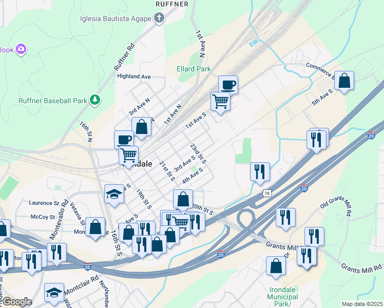 map of restaurants, bars, coffee shops, grocery stores, and more near 2208 3rd Avenue South in Irondale