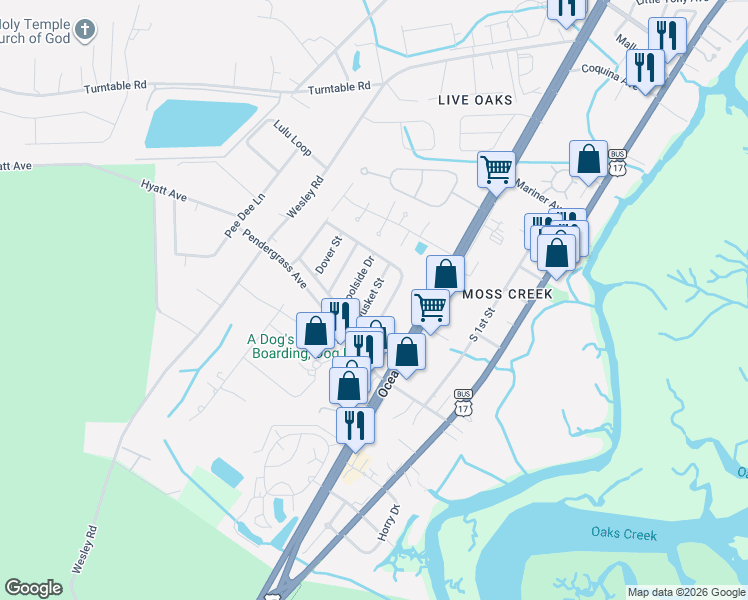 map of restaurants, bars, coffee shops, grocery stores, and more near 143 Crooked Island Circle in Murrells Inlet