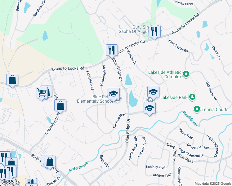 map of restaurants, bars, coffee shops, grocery stores, and more near 550 Blue Ridge Drive in Evans