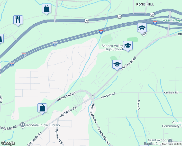 map of restaurants, bars, coffee shops, grocery stores, and more near 5946 Old Leeds Road in Irondale