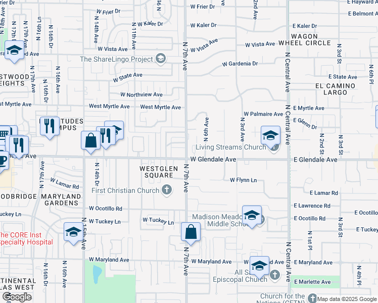 map of restaurants, bars, coffee shops, grocery stores, and more near 7001 North Barbados Place in Phoenix