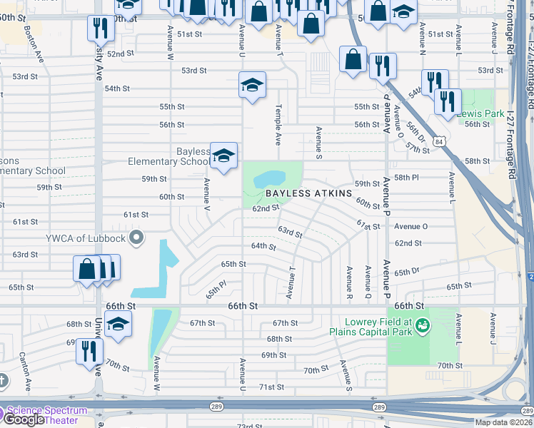 map of restaurants, bars, coffee shops, grocery stores, and more near 2022 63rd Street in Lubbock