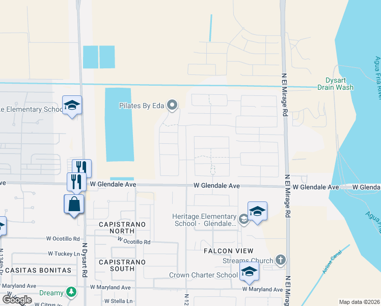 map of restaurants, bars, coffee shops, grocery stores, and more near 7214 North 126th Lane in Maricopa County