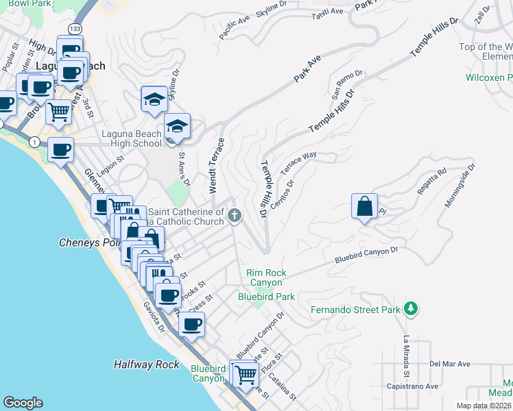 map of restaurants, bars, coffee shops, grocery stores, and more near 999 Coast View Drive in Laguna Beach
