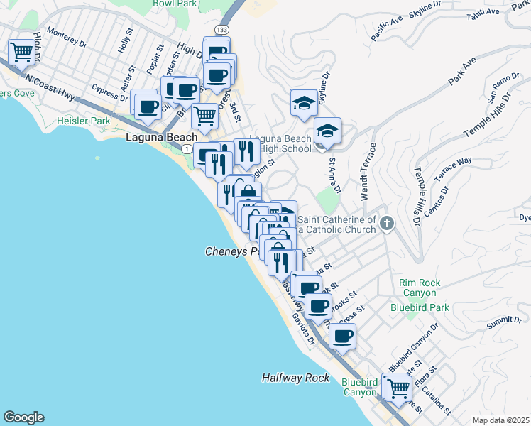 map of restaurants, bars, coffee shops, grocery stores, and more near 684 Glenneyre Street in Laguna Beach