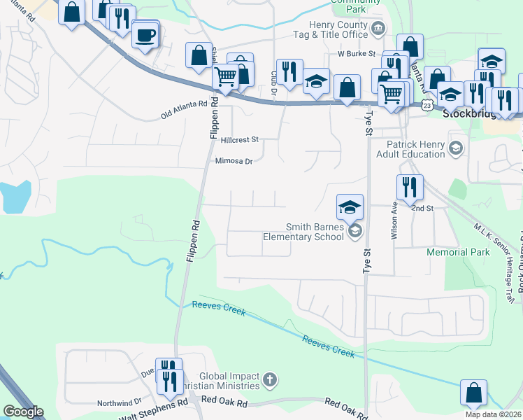 map of restaurants, bars, coffee shops, grocery stores, and more near 142 Appleton Boulevard in Stockbridge