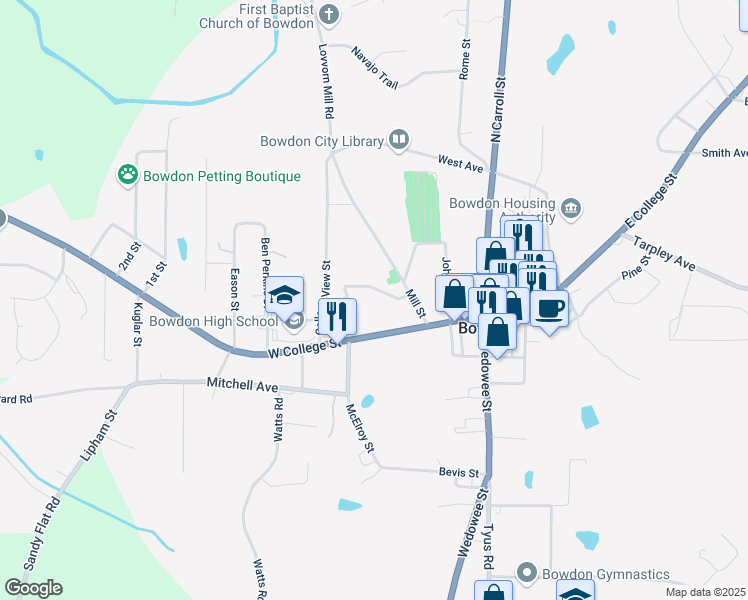 map of restaurants, bars, coffee shops, grocery stores, and more near 317 Ellenwood Drive in Bowdon