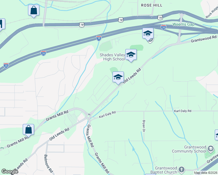 map of restaurants, bars, coffee shops, grocery stores, and more near 5889 Old Leeds Road in Irondale