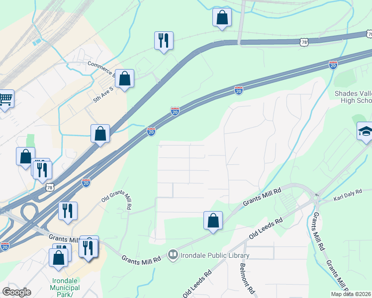 map of restaurants, bars, coffee shops, grocery stores, and more near 106 Candlelight Lane in Irondale