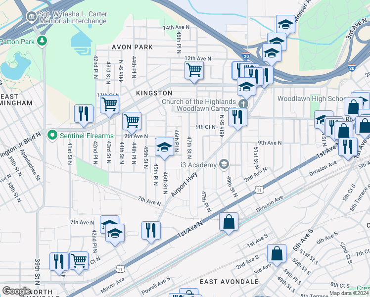 map of restaurants, bars, coffee shops, grocery stores, and more near 825 46th Place North in Birmingham