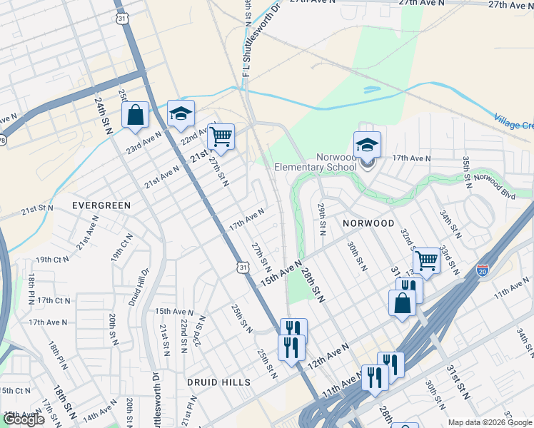 map of restaurants, bars, coffee shops, grocery stores, and more near 2735 17th Avenue North in Birmingham
