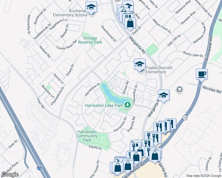 map of restaurants, bars, coffee shops, grocery stores, and more near 40091 Ashville Lane in Temecula