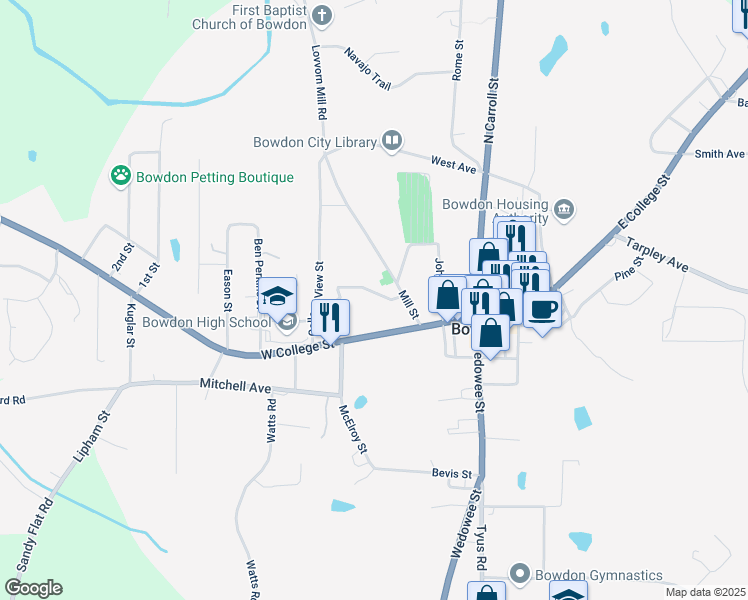 map of restaurants, bars, coffee shops, grocery stores, and more near 313 Ellenwood Drive in Bowdon