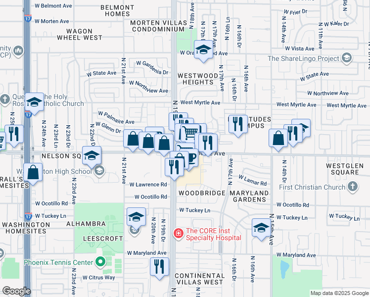 map of restaurants, bars, coffee shops, grocery stores, and more near 1805 West Glendale Avenue in Phoenix
