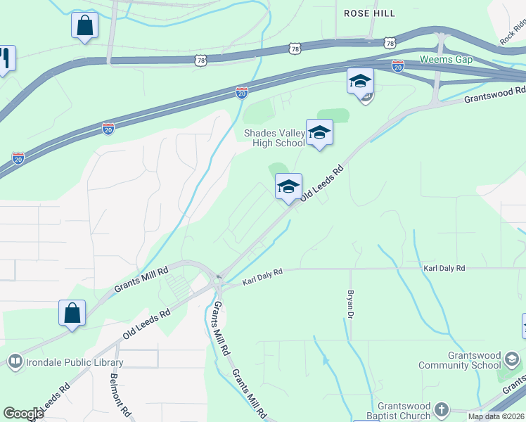 map of restaurants, bars, coffee shops, grocery stores, and more near 5889 Old Leeds Road in Irondale