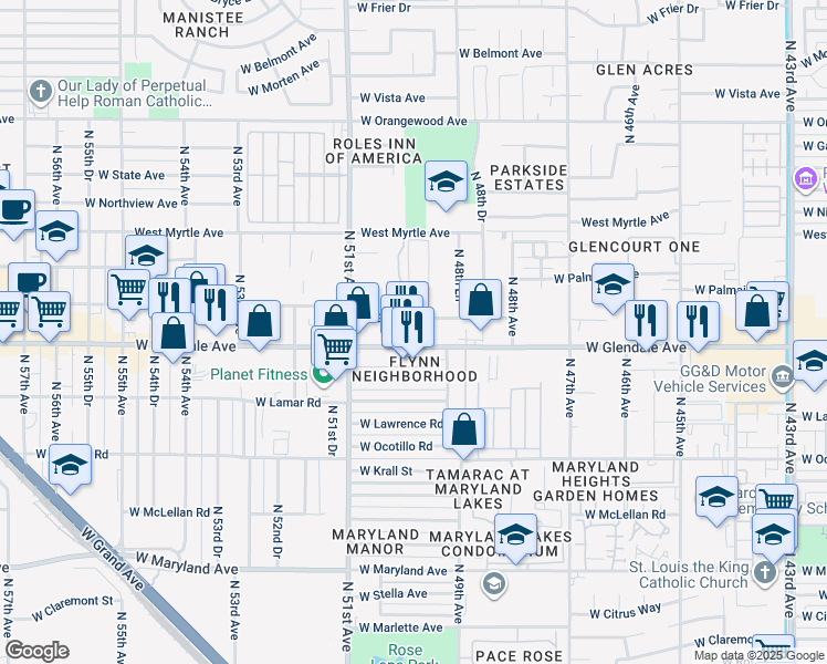 map of restaurants, bars, coffee shops, grocery stores, and more near 4911 West Glendale Avenue in Glendale
