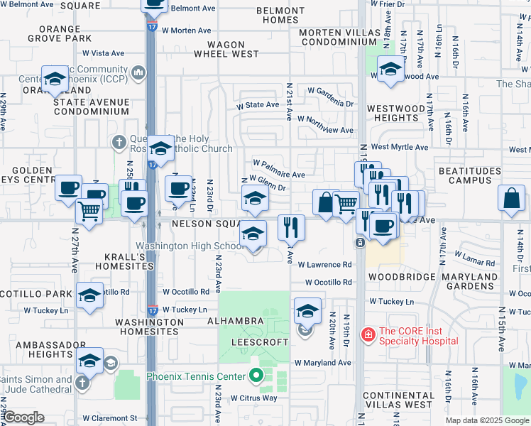 map of restaurants, bars, coffee shops, grocery stores, and more near 2132 West Glendale Avenue in Phoenix