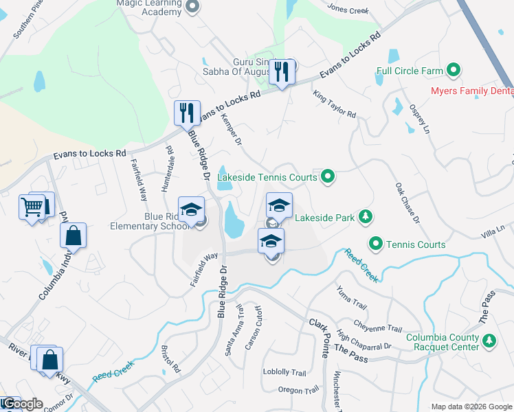 map of restaurants, bars, coffee shops, grocery stores, and more near 547 Blue Ridge Crossing in Evans