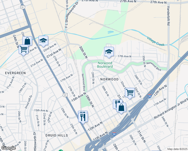 map of restaurants, bars, coffee shops, grocery stores, and more near 1530 29th Street North in Birmingham