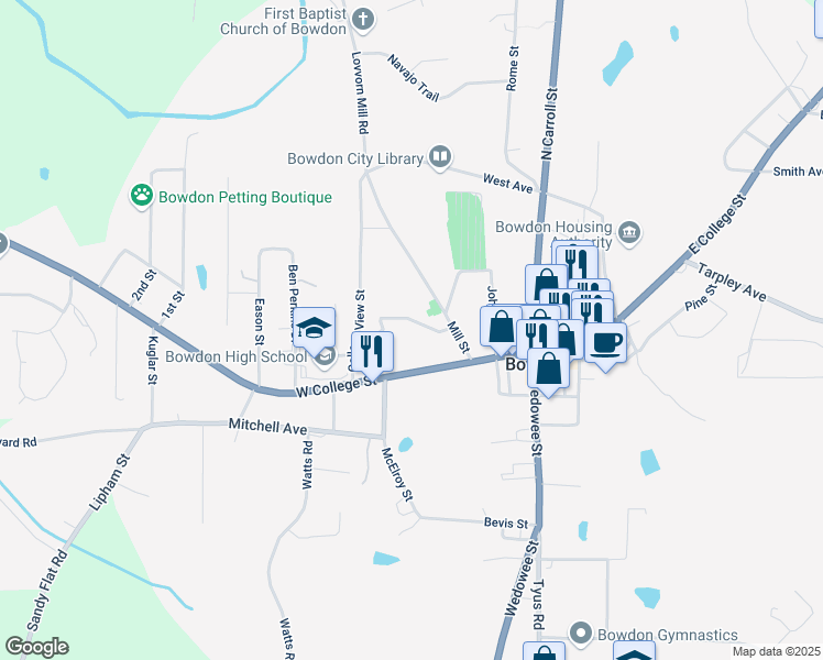 map of restaurants, bars, coffee shops, grocery stores, and more near 317 Ellenwood Drive in Bowdon