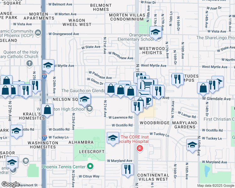 map of restaurants, bars, coffee shops, grocery stores, and more near 2020 West Glendale Avenue in Phoenix