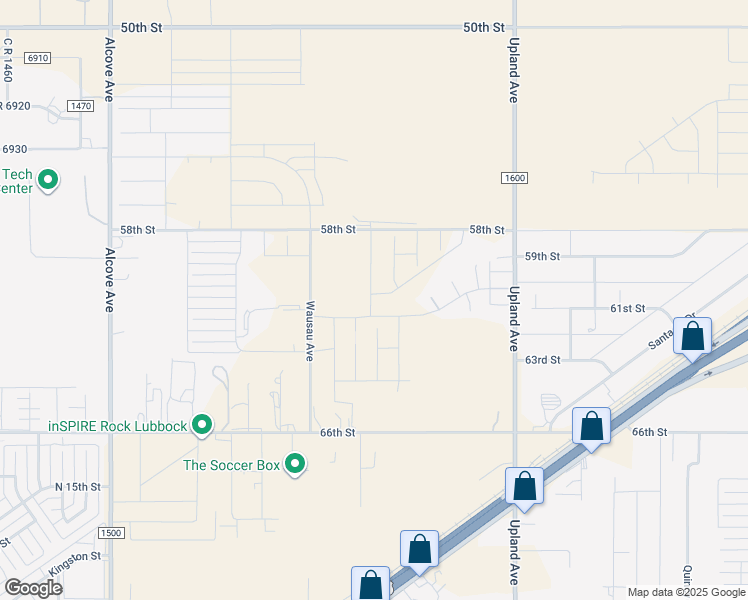 map of restaurants, bars, coffee shops, grocery stores, and more near 6110 County Road 1600 in Lubbock