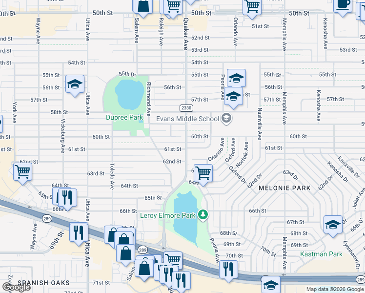 map of restaurants, bars, coffee shops, grocery stores, and more near 4403 61st Street in Lubbock