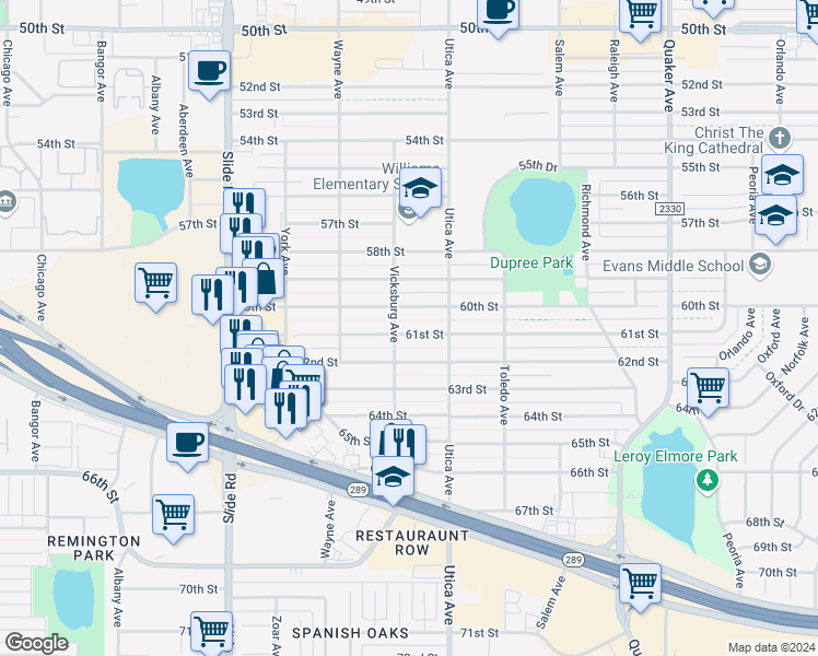 map of restaurants, bars, coffee shops, grocery stores, and more near 4901 61st Street in Lubbock