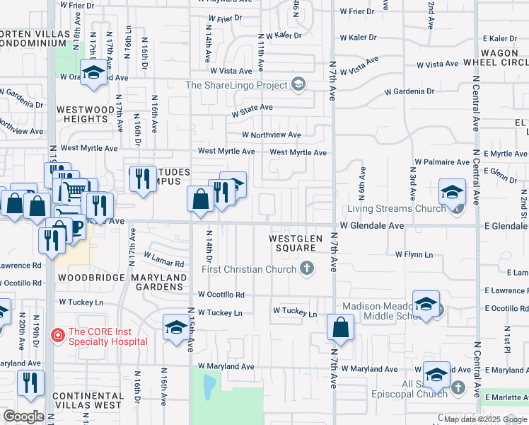 map of restaurants, bars, coffee shops, grocery stores, and more near 1001 West Cactus Wren Drive in Phoenix
