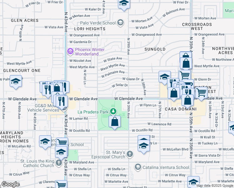 map of restaurants, bars, coffee shops, grocery stores, and more near 3955 West Cactus Wren Drive in Phoenix