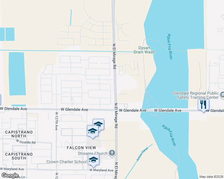 map of restaurants, bars, coffee shops, grocery stores, and more near 7231 North 123rd Drive in Glendale