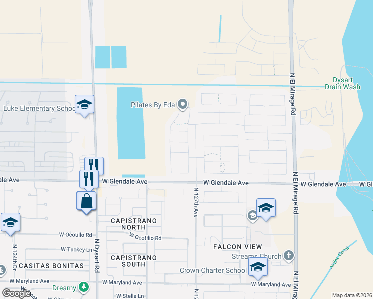 map of restaurants, bars, coffee shops, grocery stores, and more near 12720 West Midway Avenue in Glendale